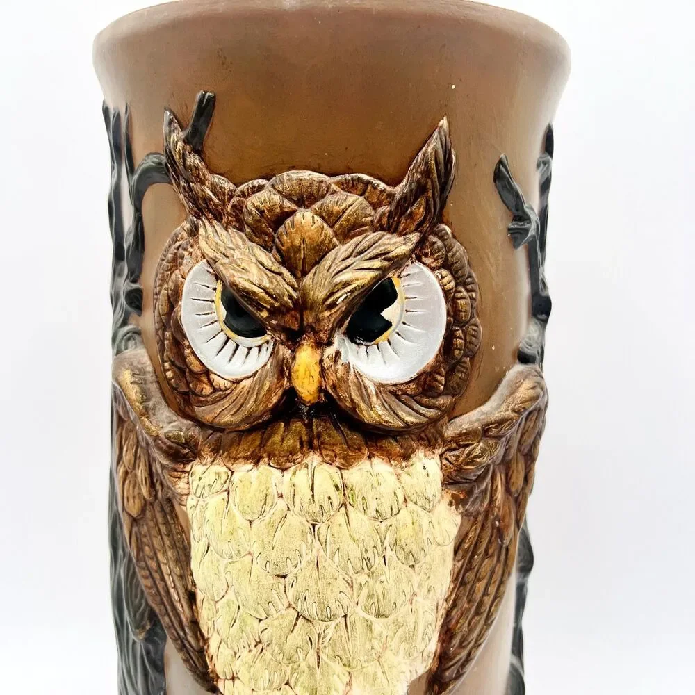 Vtg Ceramic Owl Umbrella Stand Holder 16 inches Floor Vase